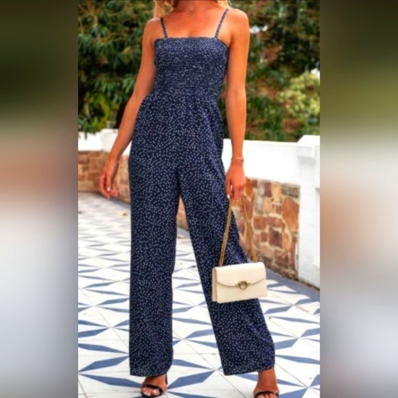 D&M Collection Ruched  Polka Dot  Wide Legged  Boho Loose Jumpsuit Woman's Lg - Picture 1 of 10